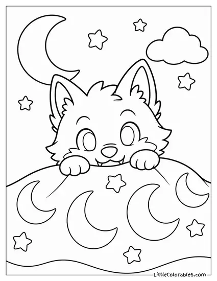 Kawaii Werewolf Peeking Out From Under a Crescent Moon Blanket Coloring Page