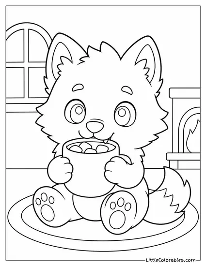 Kawaii Werewolf Sipping Cocoa With Tiny Paws Wrapped Around the Mug Coloring Page