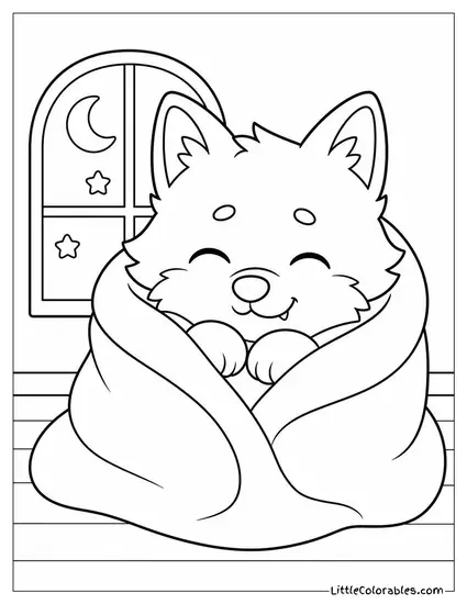 Kawaii Werewolf Wrapped in a Cozy Blanket With a Sleepy Smile Coloring Page