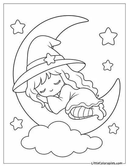 Kawaii Witch Curled Asleep on a Crescent Moon Cushion Coloring Page