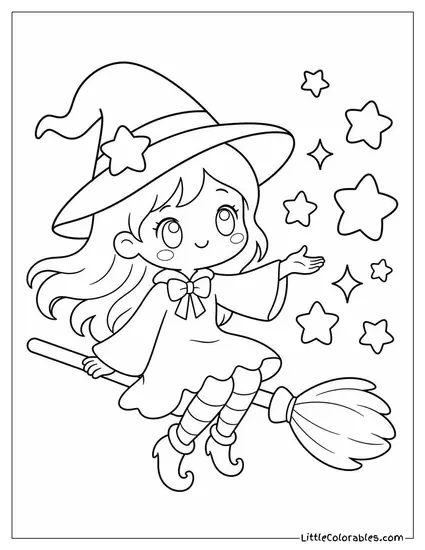 Kawaii Witch Floating Dreamily Beside a Cluster of Twinkling Stars Coloring Page