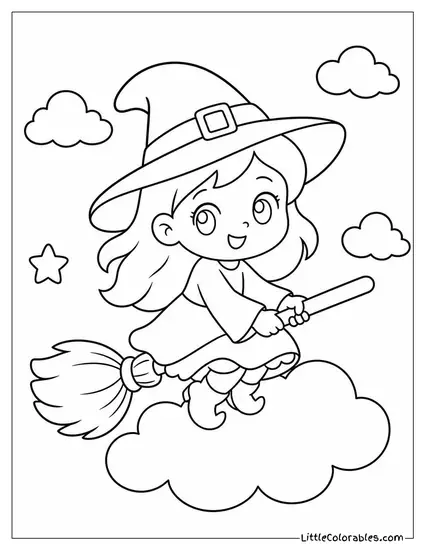 Kawaii Witch Floating on a Fluffy Cloud With Her Broomstick Coloring Page