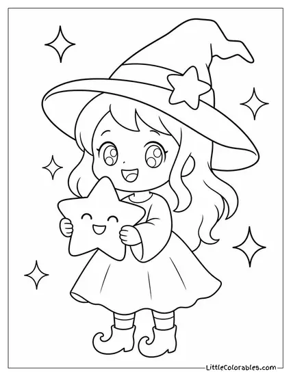 Kawaii Witch Holding a Glowing Star With a Happy Sparkle Coloring Page