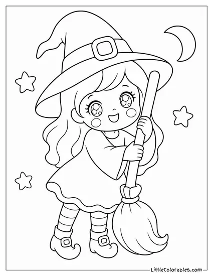 Kawaii Witch Hugging Her Broomstick With Rosy Cheeks and Sparkly Eyes Coloring Page