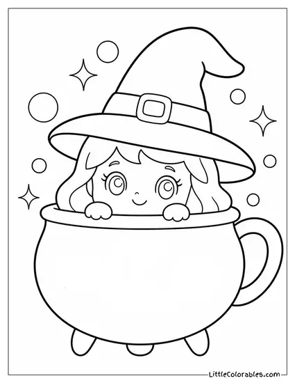 Kawaii Witch Peeking Out of a Cauldron Shaped Teacup Coloring Page