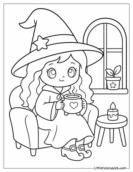 Kawaii Witch Sipping Tea With a Tiny Cauldron Shaped Mug Coloring Page