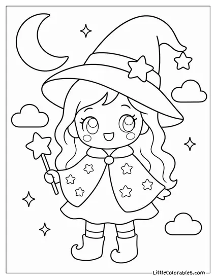 Kawaii Witch Wearing a Tiny Star Patterned Cloak With a Blush Coloring Page
