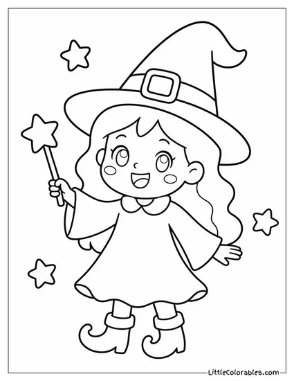 Kawaii Witch With a Star Tipped Wand and a Happy Blush Coloring Page