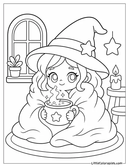 Kawaii Witch Wrapped in a Blanket Sipping Glowing Potion Cocoa Coloring Page
