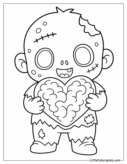 Kawaii Zombie Holding a Heart Shaped Brain Plushie Coloring Page
