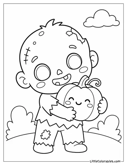 Kawaii Zombie Hugging a Small Pumpkin With a Happy Blush Coloring Page