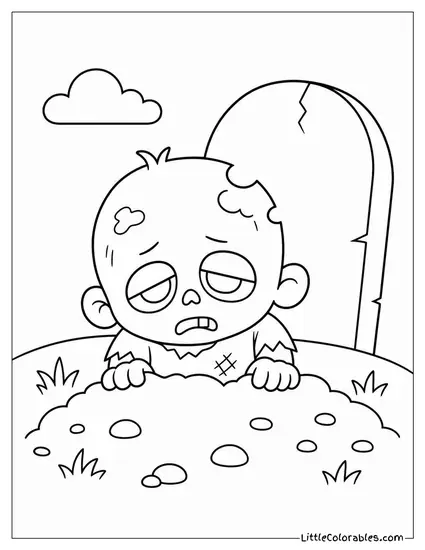 Kawaii Zombie Peeking Out of a Grave With a Sleepy Expression Coloring Page