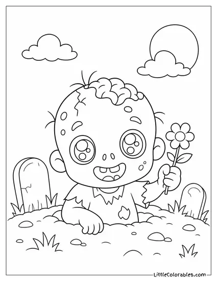 Kawaii Zombie Popping Out of the Ground Holding a Tiny Flower With Sparkly Eyes Coloring Page