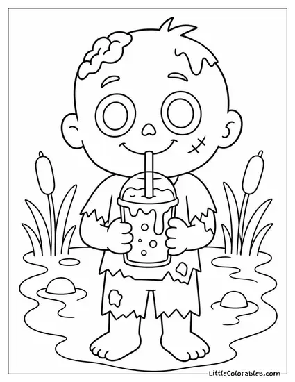 Kawaii Zombie Sipping a Swamp Green Smoothie With a Smile Coloring Page