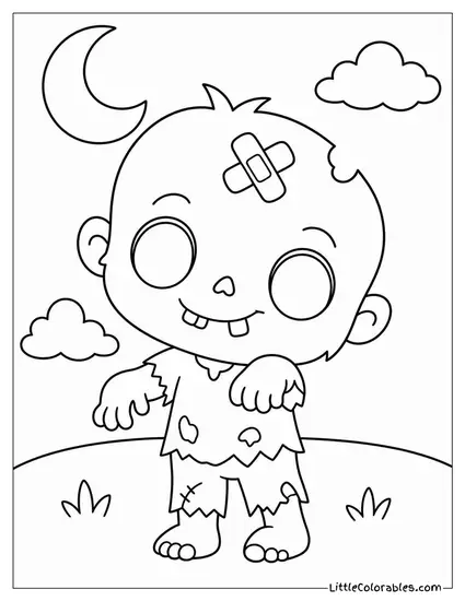 Kawaii Zombie Wearing a Tiny Bandage With a Cute Crooked Smile Coloring Page
