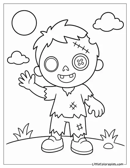 Kawaii Zombie With One Button Eye and a Friendly Wave Coloring Page