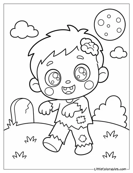 Kawaii Zombie With Rosy Green Cheeks and Big Sparkly Eyes Coloring Page