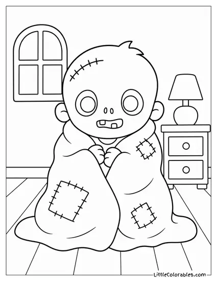 Kawaii Zombie Wrapped in a Cozy Blanket With Stitched Patches Coloring Page