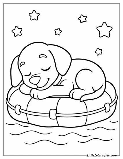 Kawaii Zuma Curled Asleep on a Floating Raft With Tiny Stars Around Him Coloring Page