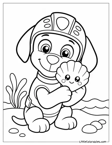 Kawaii Zuma Hugging a Tiny Seashell With Sparkly Eyes and Rosy Cheeks Coloring Page