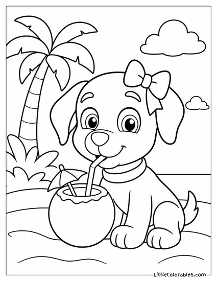 Kawaii Zuma Sipping a Coconut Drink With a Bow on His Ear Coloring Page