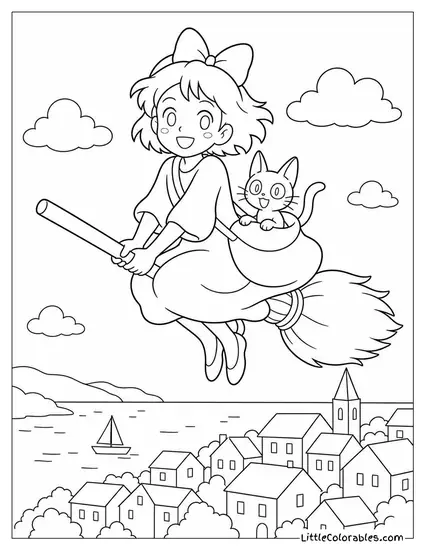 Kiki Flying Her Broomstick Over a Seaside Town With Her Cat Coloring Page