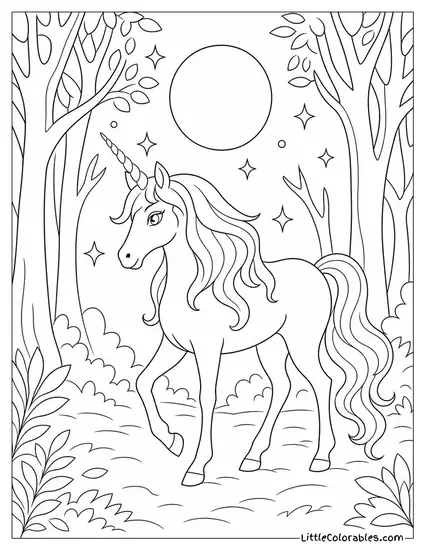 Last Unicorn Wandering Through a Silver Moonlit Forest Coloring Page