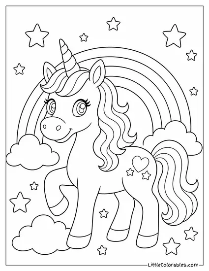 Lisa Frank Style Unicorn Surrounded by Neon Rainbows and Stars Coloring Page