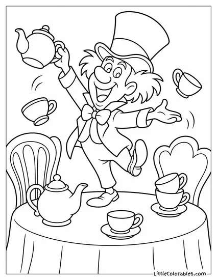 Mad Hatter Dancing On Top Of The Tea Table With Teacups Flying Coloring Page