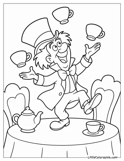 Mad Hatter Juggling Teacups While Hopping Around The Table Coloring Page