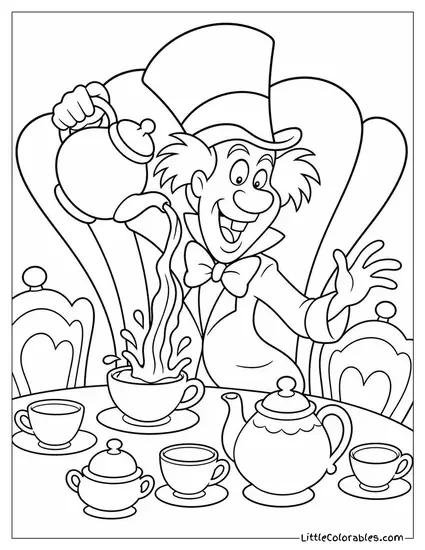Mad Hatter Pouring Tea Wildly Across A Crowded Unbirthday Table Coloring Page