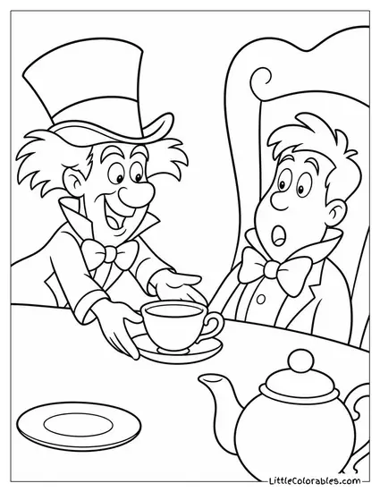 Mad Hatter Sliding A Teacup Down The Table Toward A Surprised Guest Coloring Page
