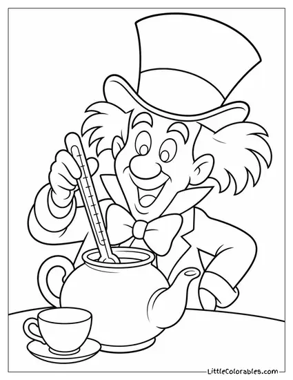 Mad Hatter Stirring A Teapot With A Thermometer Instead Of A Spoon Coloring Page