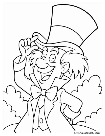 Mad Hatter Tipping His Oversized Hat With A Cheerful Wink Coloring Page