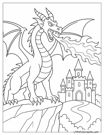 Maleficent Dragon Form Breathing Green Fire Before a Castle Coloring Page