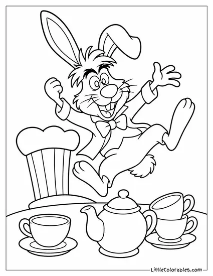 March Hare Bouncing Wildly Around The Tea Party Table Coloring Page