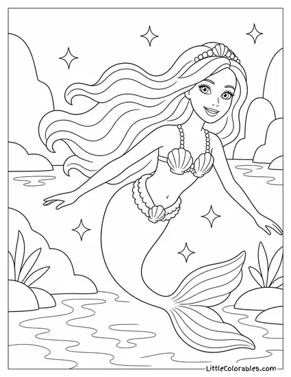 Marina the Mermaid From Barbie Swimming Through a Sparkling Lagoon Coloring Page