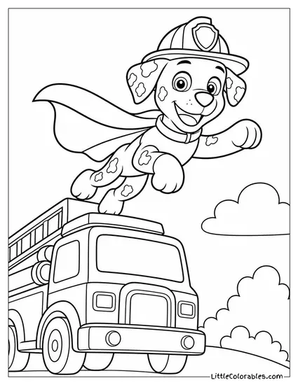 Marshall as a Superhero With a Red Cape Leaping From a Fire Truck Coloring Page