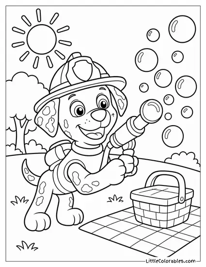 Marshall Blowing Soap Bubbles With His Water Cannon at a Sunny Park Picnic Coloring Page