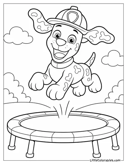 Marshall Bouncing on a Trampoline With His Ears Flapping and a Joyful Laugh Coloring Page