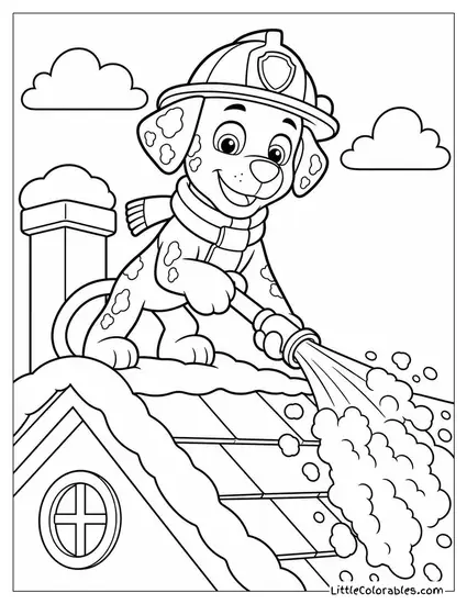 Marshall Bundled in a Scarf Spraying Snow Off of a Rooftop on a Winter Day Coloring Page