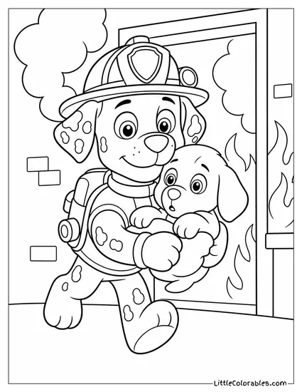 Marshall Carrying a Rescued Puppy Out of a Smoky Building With a Heroic Look Coloring Page