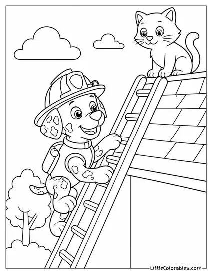 Marshall Climbing His Extended Ladder to Rescue a Cat From a Rooftop Coloring Page