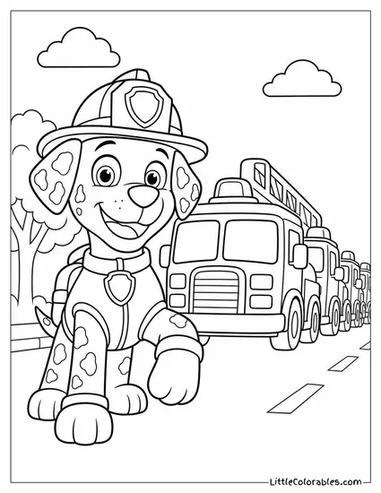 Marshall Dressed as a Fire Captain Leading a Parade of Fire Trucks Coloring Page