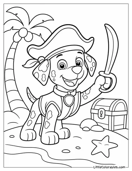 Marshall Dressed as a Pirate With a Toy Sword on a Sandy Treasure Island Coloring Page
