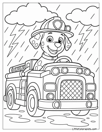 Marshall Driving Through a Thunderstorm With His Truck Lights Glowing and Rain Streaking Down Coloring Page
