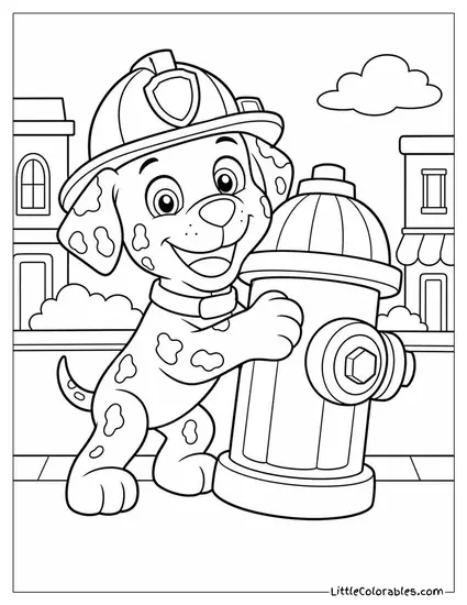 Marshall Hugging a Fire Hydrant With a Big Happy Smile in a Sunny Town Coloring Page