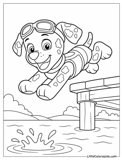 Marshall in Goggles and a Swimsuit Diving Into a Lake From a Wooden Dock Coloring Page