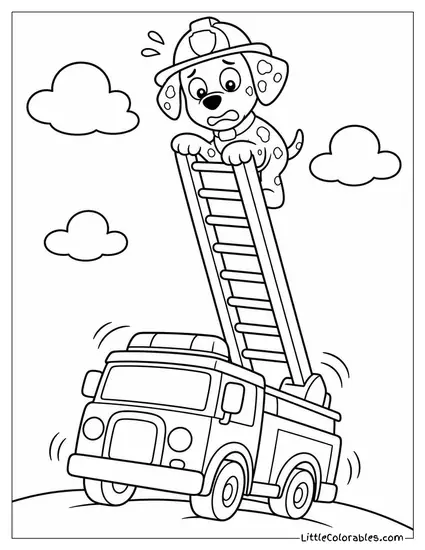 Marshall Looking Nervous at the Top of a Very Tall Ladder With a Wobbling Truck Below Coloring Page