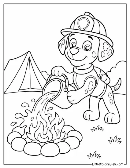 Marshall on a Camping Trip Pouring Water on a Campfire With a Proud Face Coloring Page